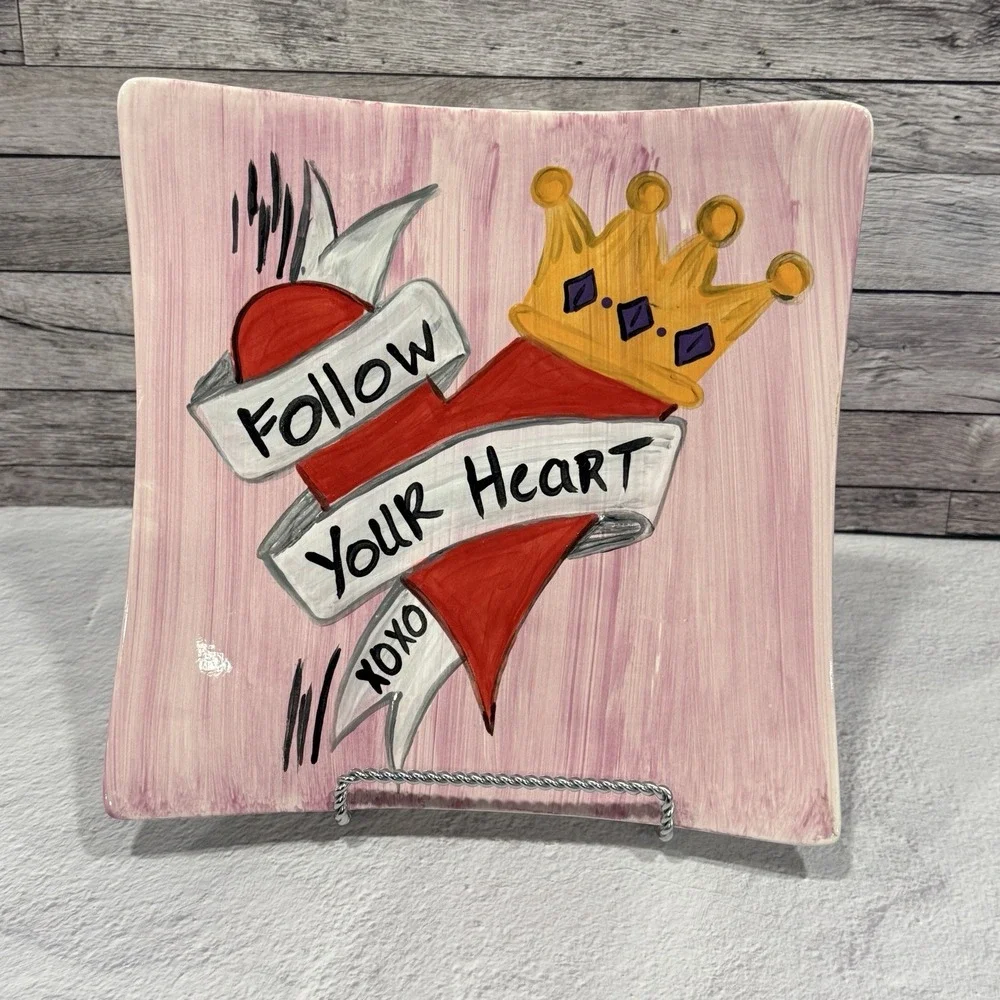 Hand Painted Heart Plate Follow‎ Your Heart XOXO Pink Square Art Wall Decor